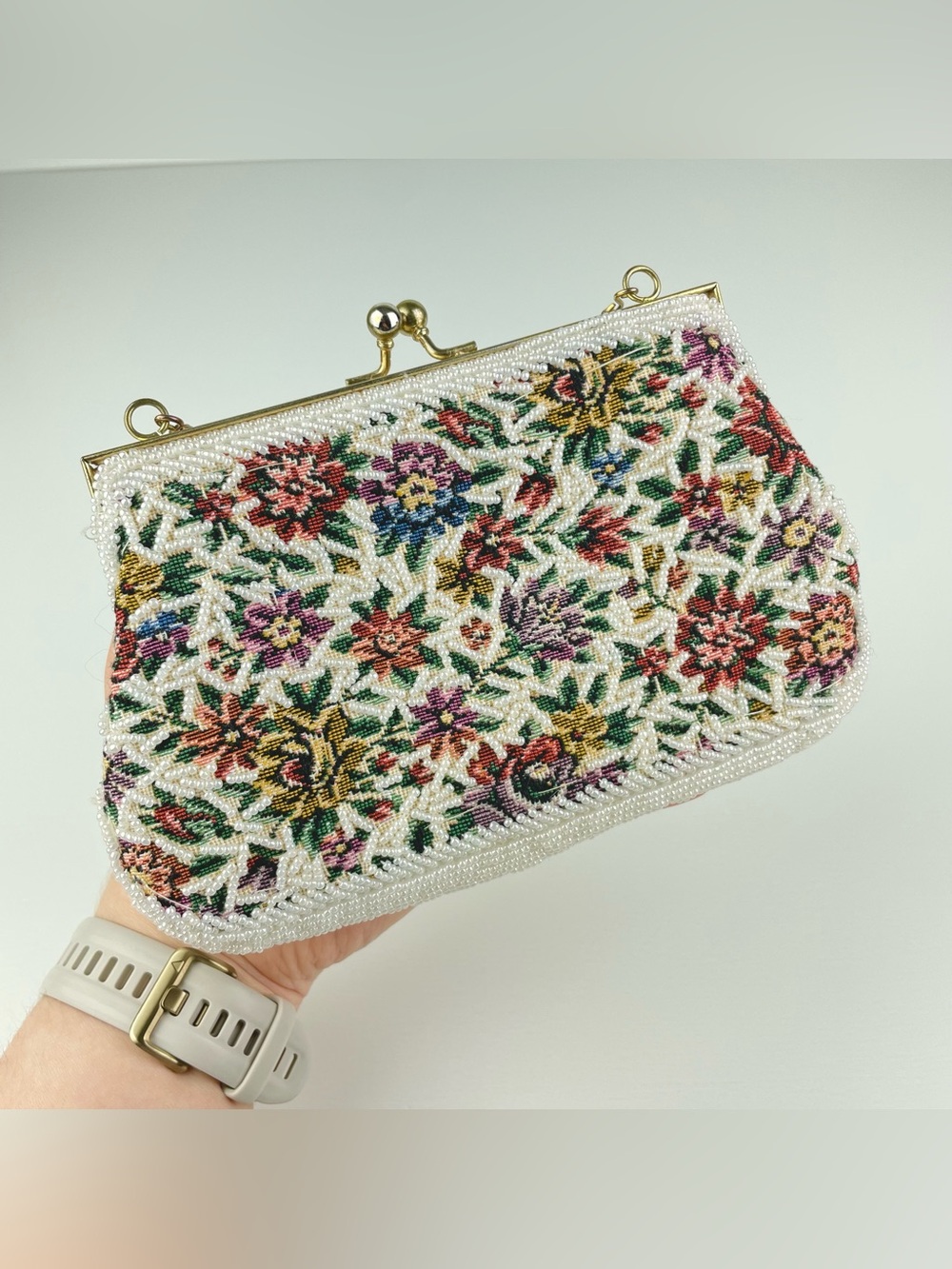 VTG Oharsma Floral Beaded Tapestry Evening Bag Gold Chain Handbag Kiss Clasp - Picture 7 of 16